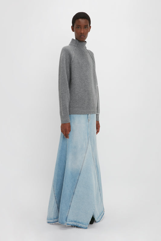Oversized Polo Neck Jumper In Grey Melange