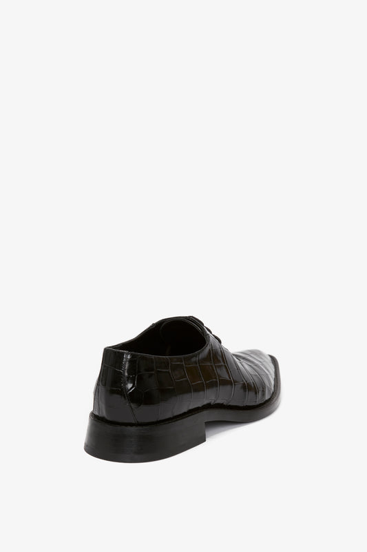 Pointy Toe Flat Lace Up In Black Croc-Effect Leather