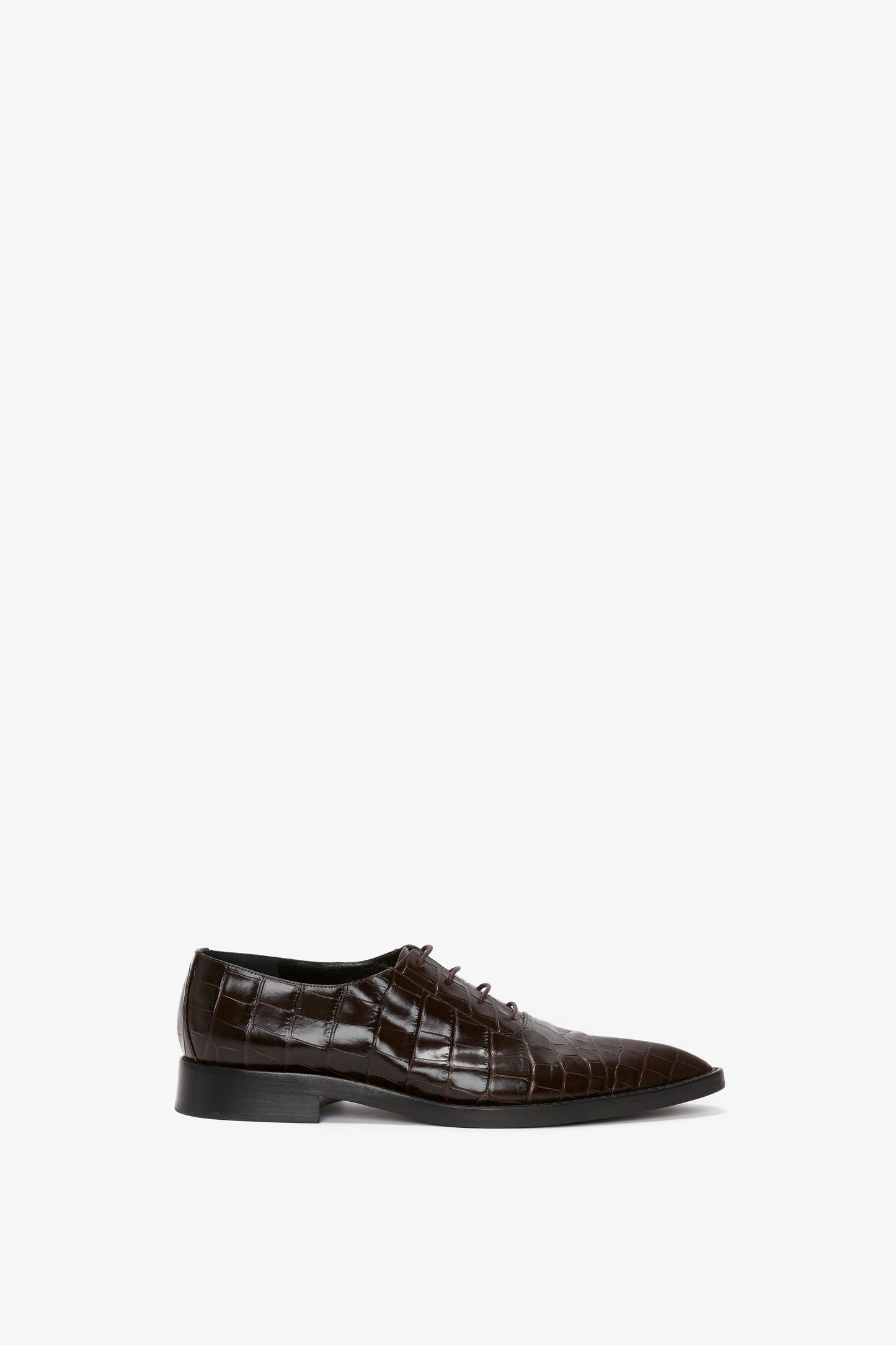 Pointy Toe Flat Lace Up In Chocolate Croc-Effect Leather