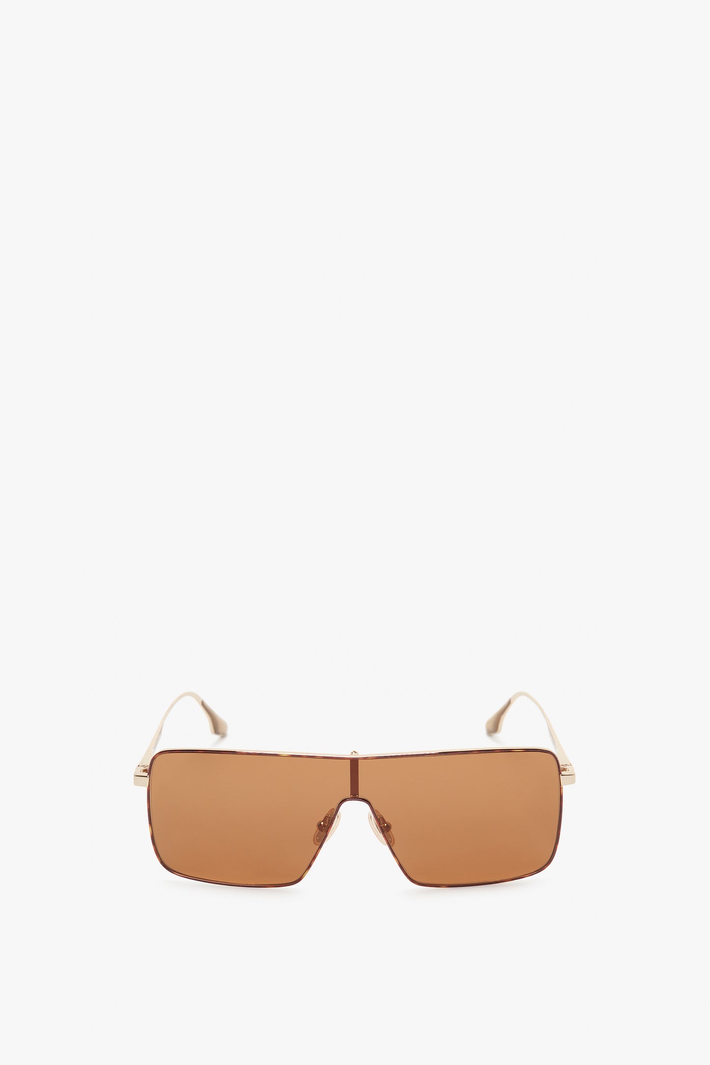 Rectangular Visor Gold-Framed Sunglasses by Victoria Beckham, featuring caramel lenses, a thin frame, and straight temples, against a plain white background.