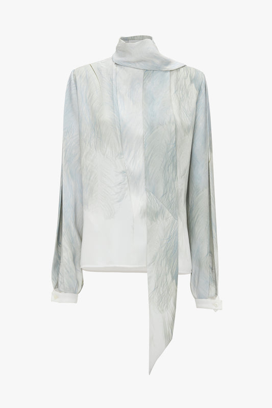 Scarf Neck Blouse In White Digital Feather Print