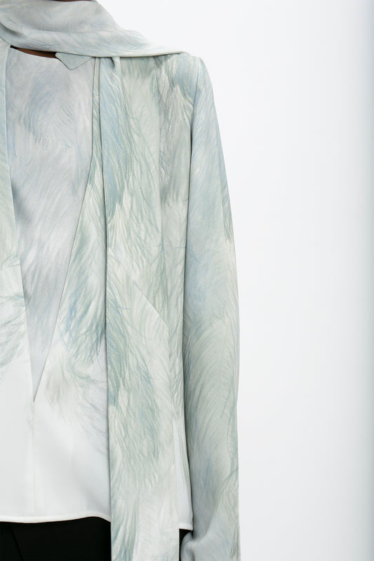 Scarf Neck Blouse In White Digital Feather Print