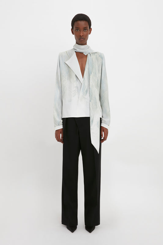 Scarf Neck Blouse In White Digital Feather Print