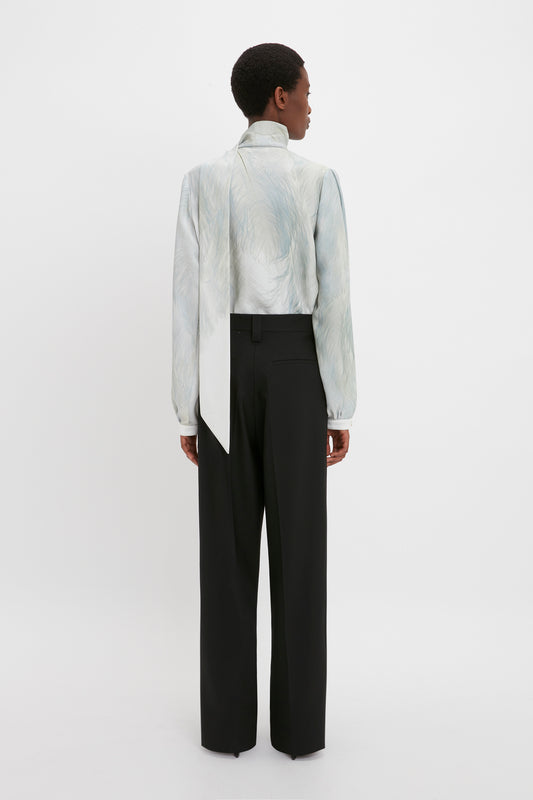 Scarf Neck Blouse In White Digital Feather Print