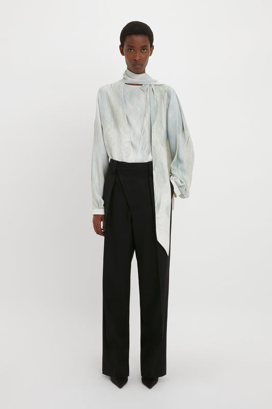 Scarf Neck Blouse In White Digital Feather Print