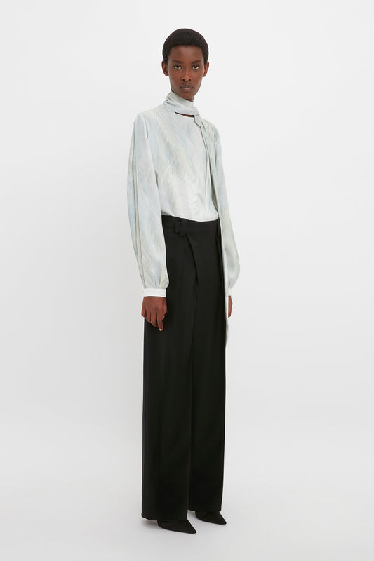 Scarf Neck Blouse In White Digital Feather Print