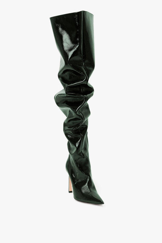 Thigh High Pointy Boot in Dark Green Grained Patent