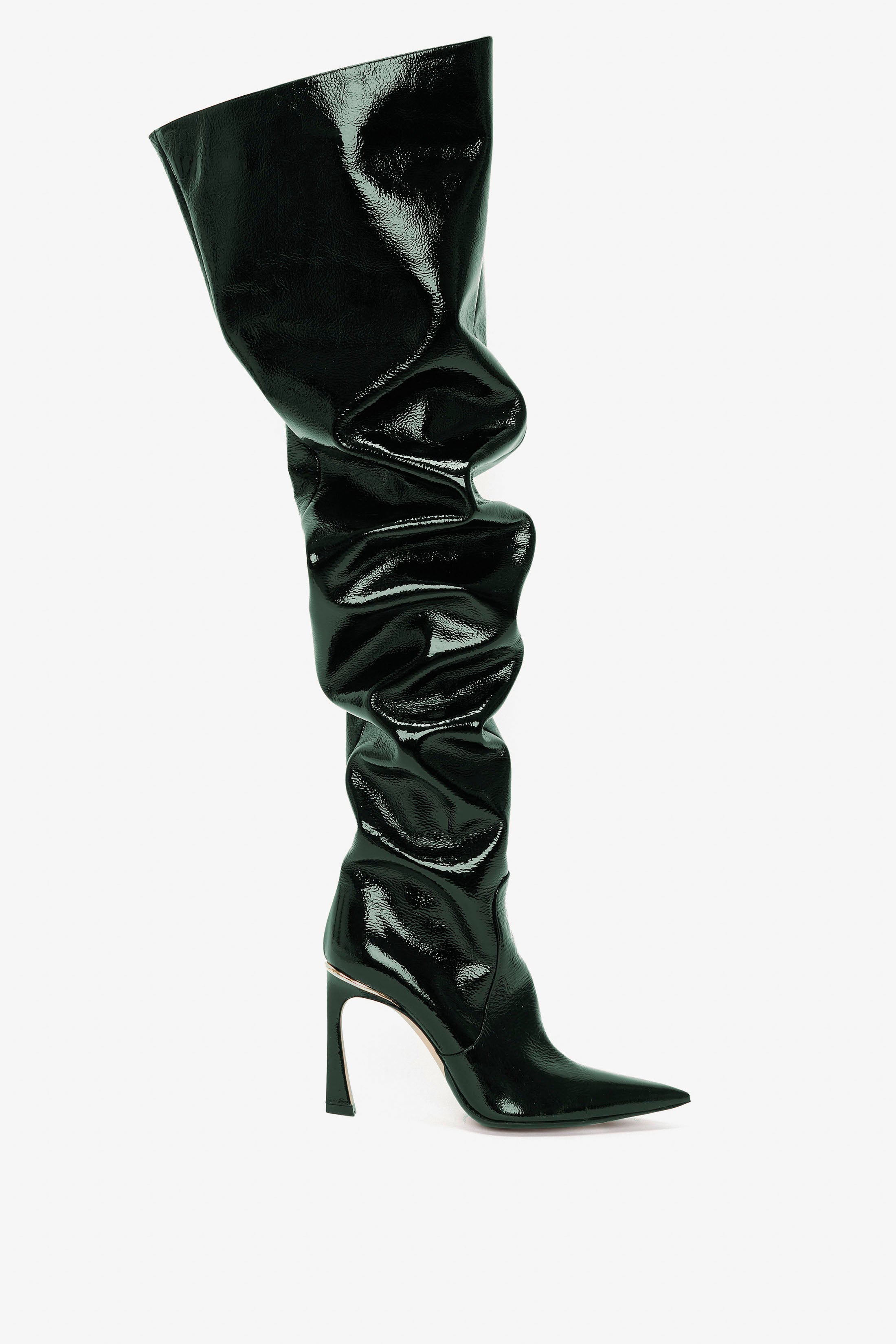 Thigh High Pointy Boot in Dark Green Grained Patent – Victoria Beckham UK