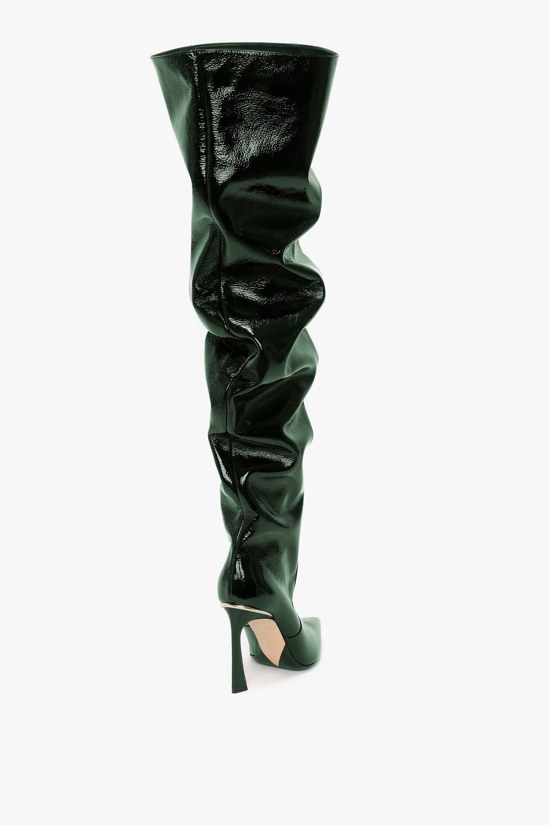 Thigh High Pointy Boot in Dark Green Grained Patent – Victoria