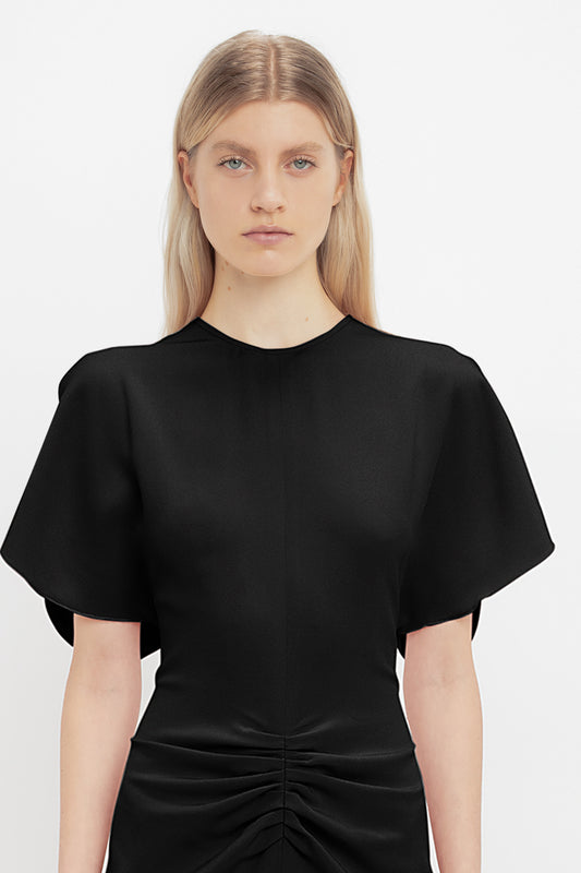Gathered Waist Midi Dress In Black