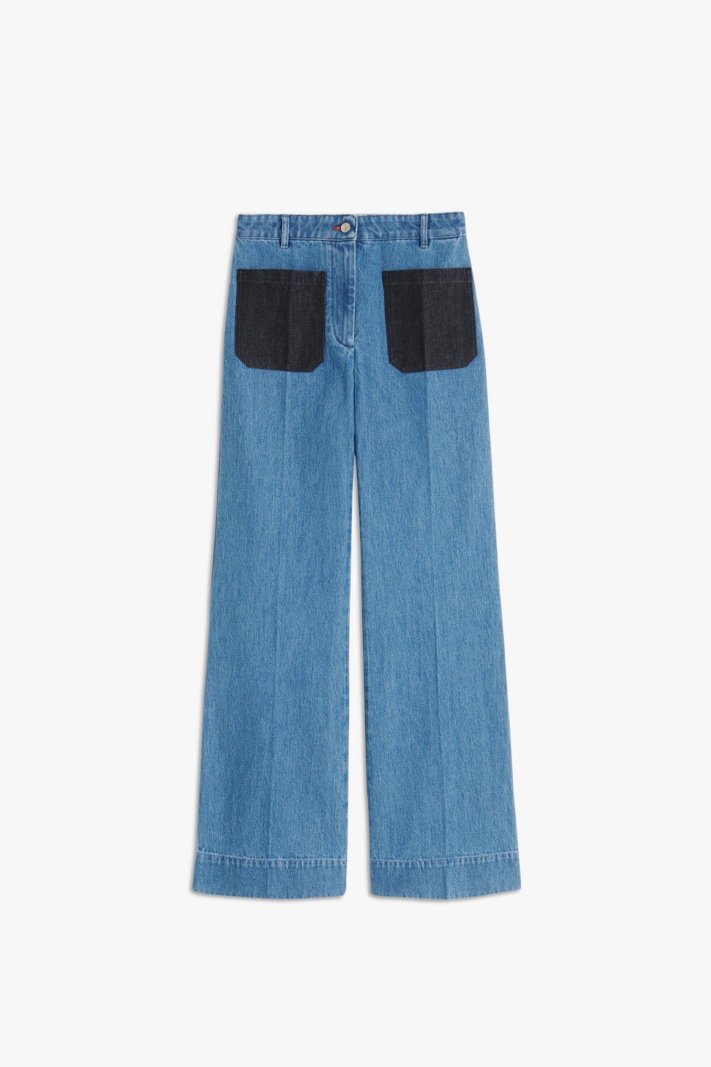 Product shot of Alina Jean is styled with black front and back pockets that highlight the high waist and centre crease cut.. Designer jeans from Victoria Beckham.