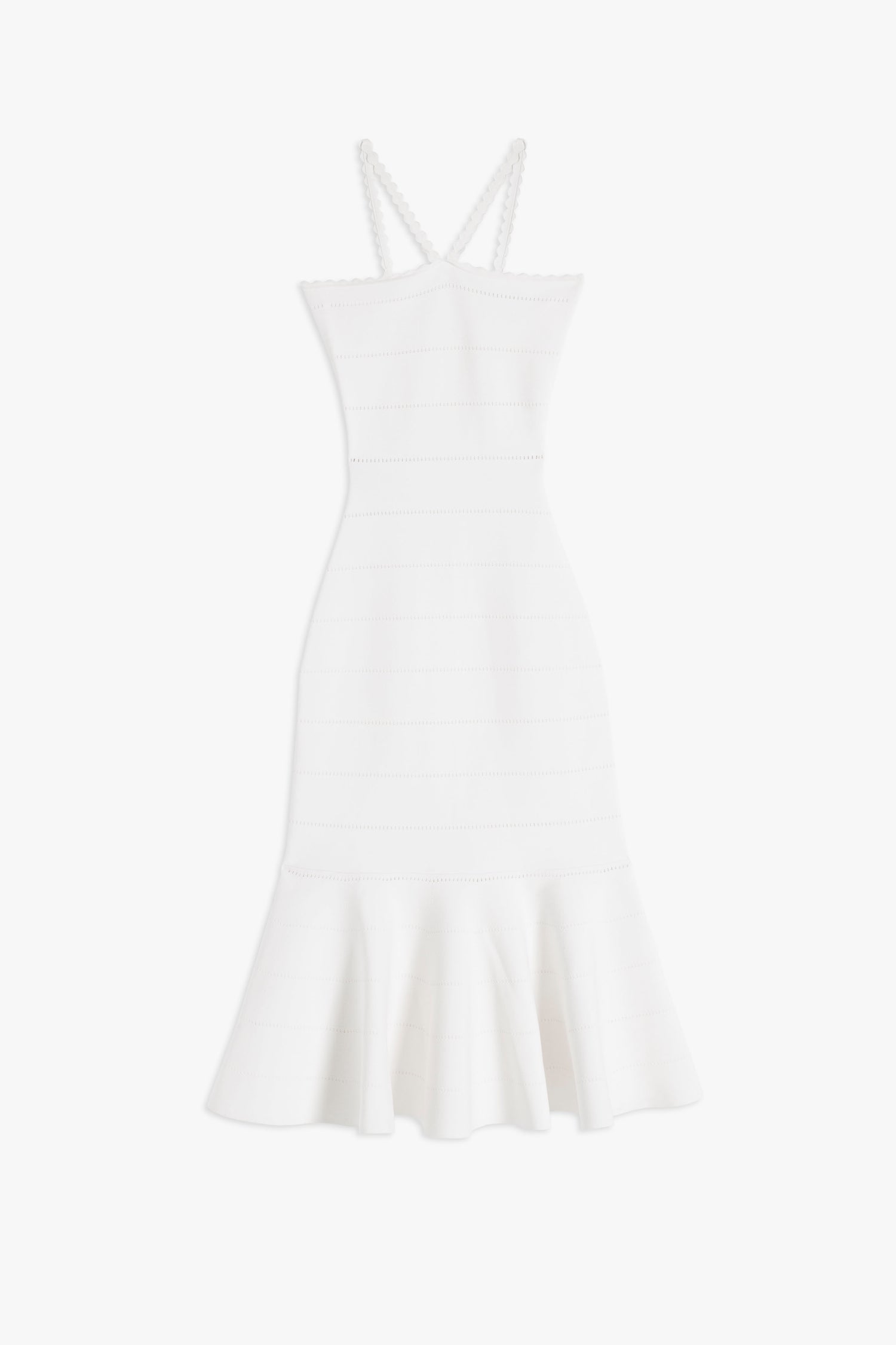 Product view of the the Scalloped Strap Flare Dress in white from Victoria Beckham, the body-con design with flounced hem and thin straping.