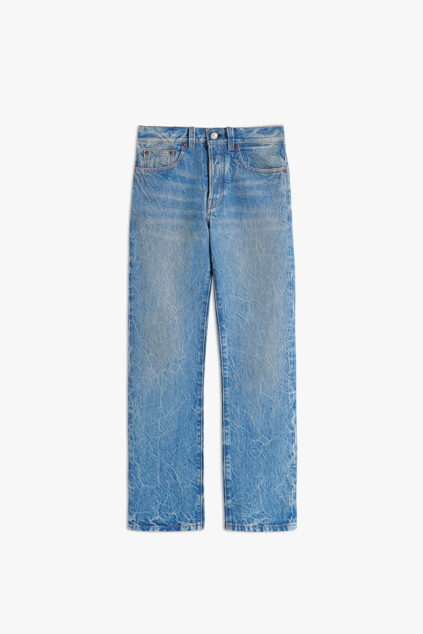 Product view of the Victoria jean in a cropped length style. Designer mid rise jeans from Victoria Beckham in a washed denim colour, with a branded leather patch and a classic button fly detail.