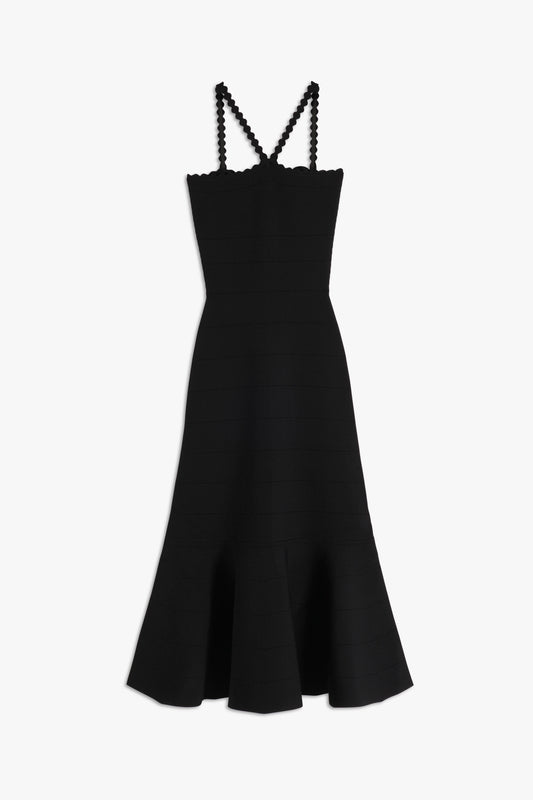 Product view of the Scalloped Strap Flare Dress in Black from Victoria Beckham is made from compact viscose fabrics with thin straps, brings a feminine feel for its body-con style with flounced hem.