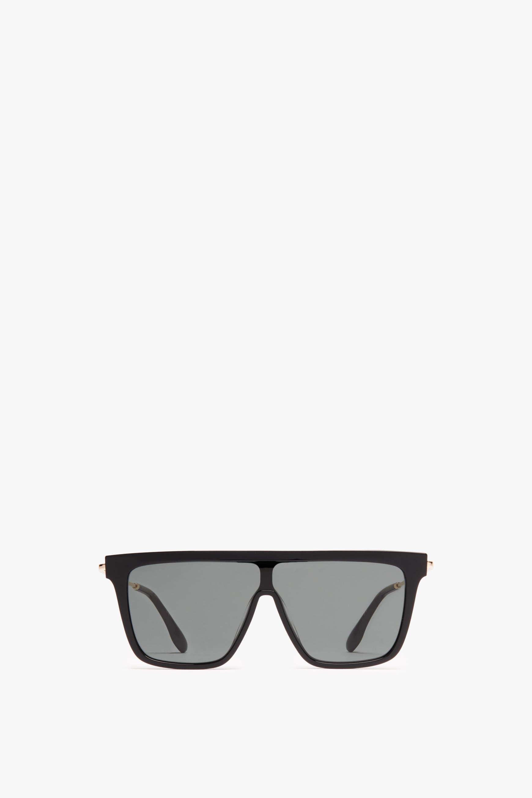 A pair of Victoria Beckham Rectangular Shield Sunglasses in Black with gray lenses on a white background.