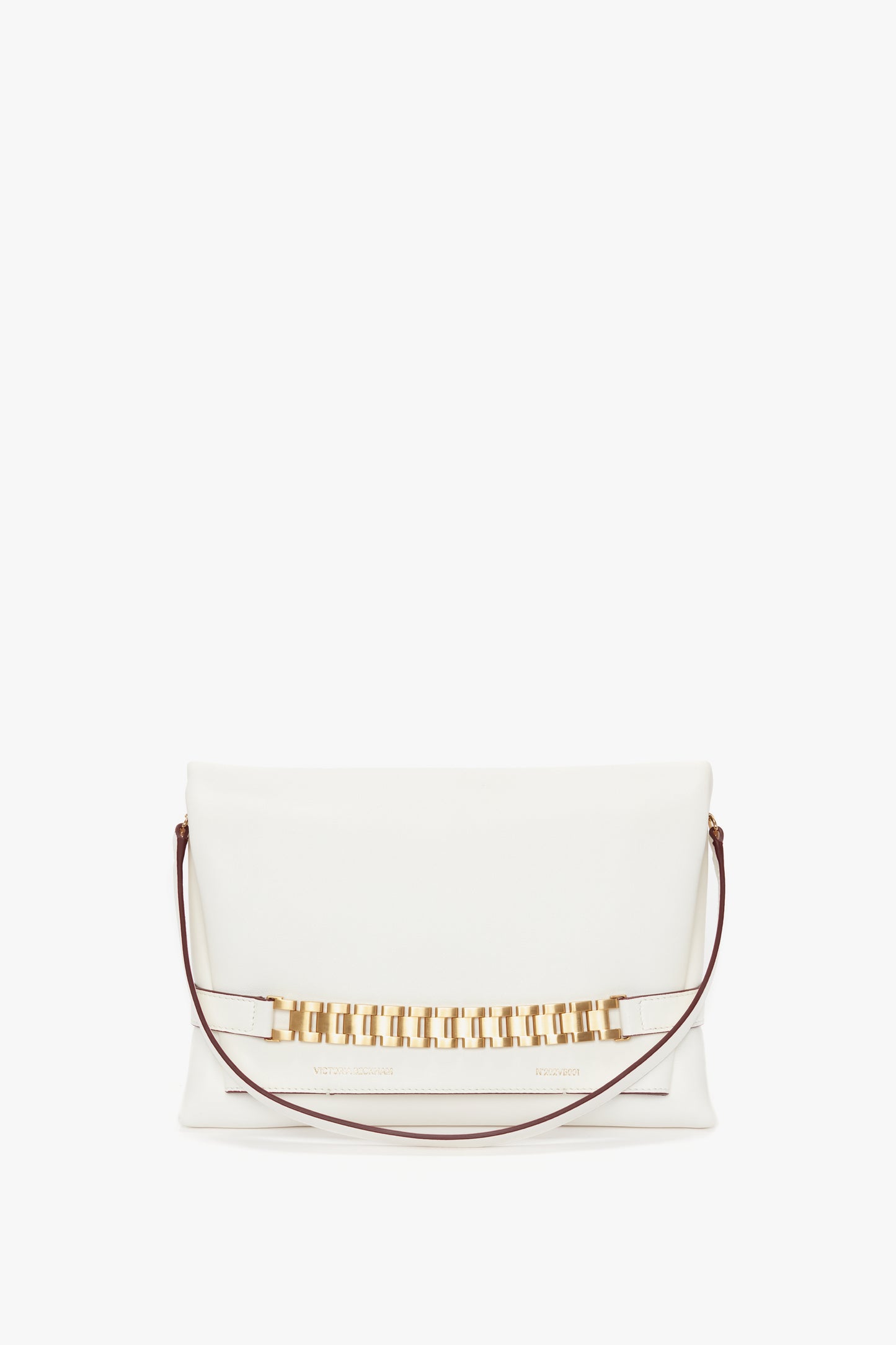 White Nappa leather chain pouch with strap in white leather, Victoria Beckham, isolated on a white background.