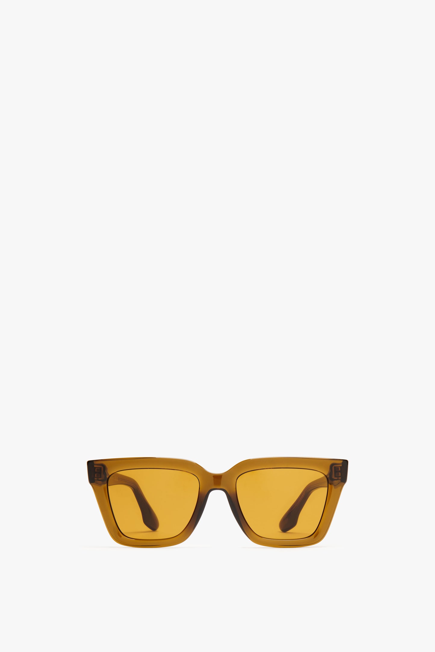 A pair of amber-tinted, rectangular Crystal Frame Sunglasses In Khaki with a brown frame crafted from clear khaki acetate, showcased against a plain white background by Victoria Beckham.