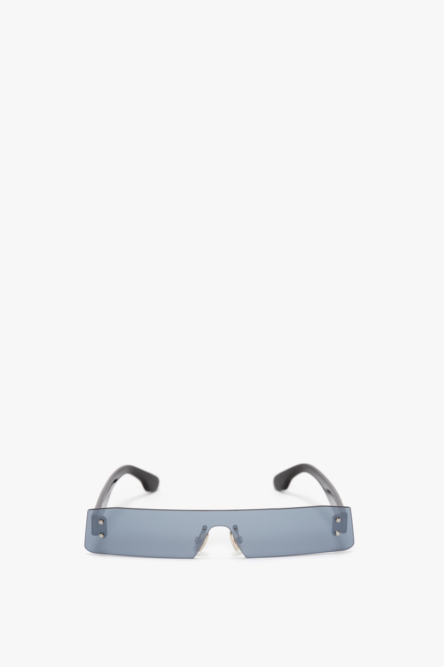 A pair of Victoria Beckham Mini Visor Sunglasses In Blue-Mirror with a mini visor and black arms is shown against a white background.