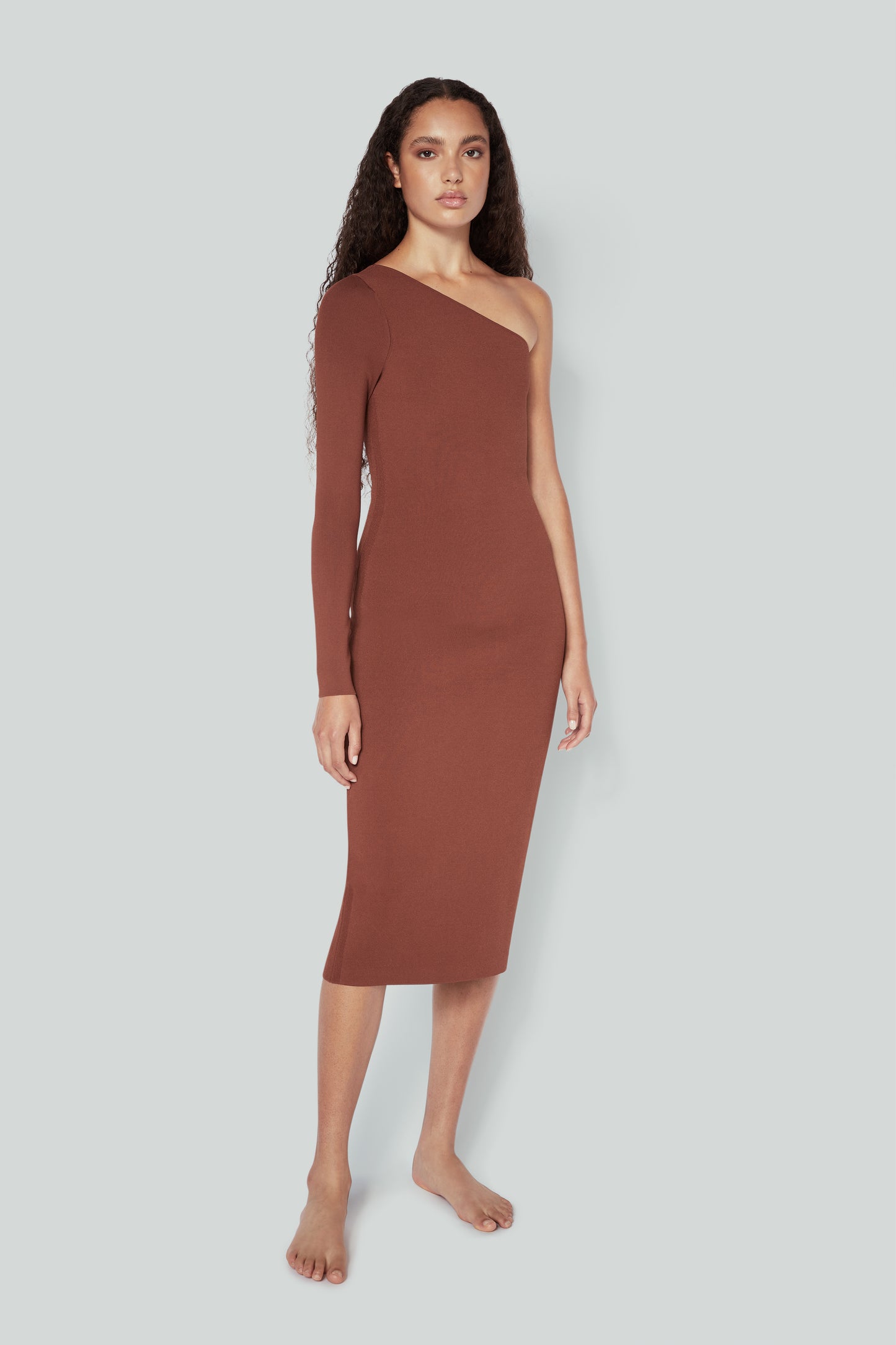 VB Body One Shoulder Midi Dress in Brown