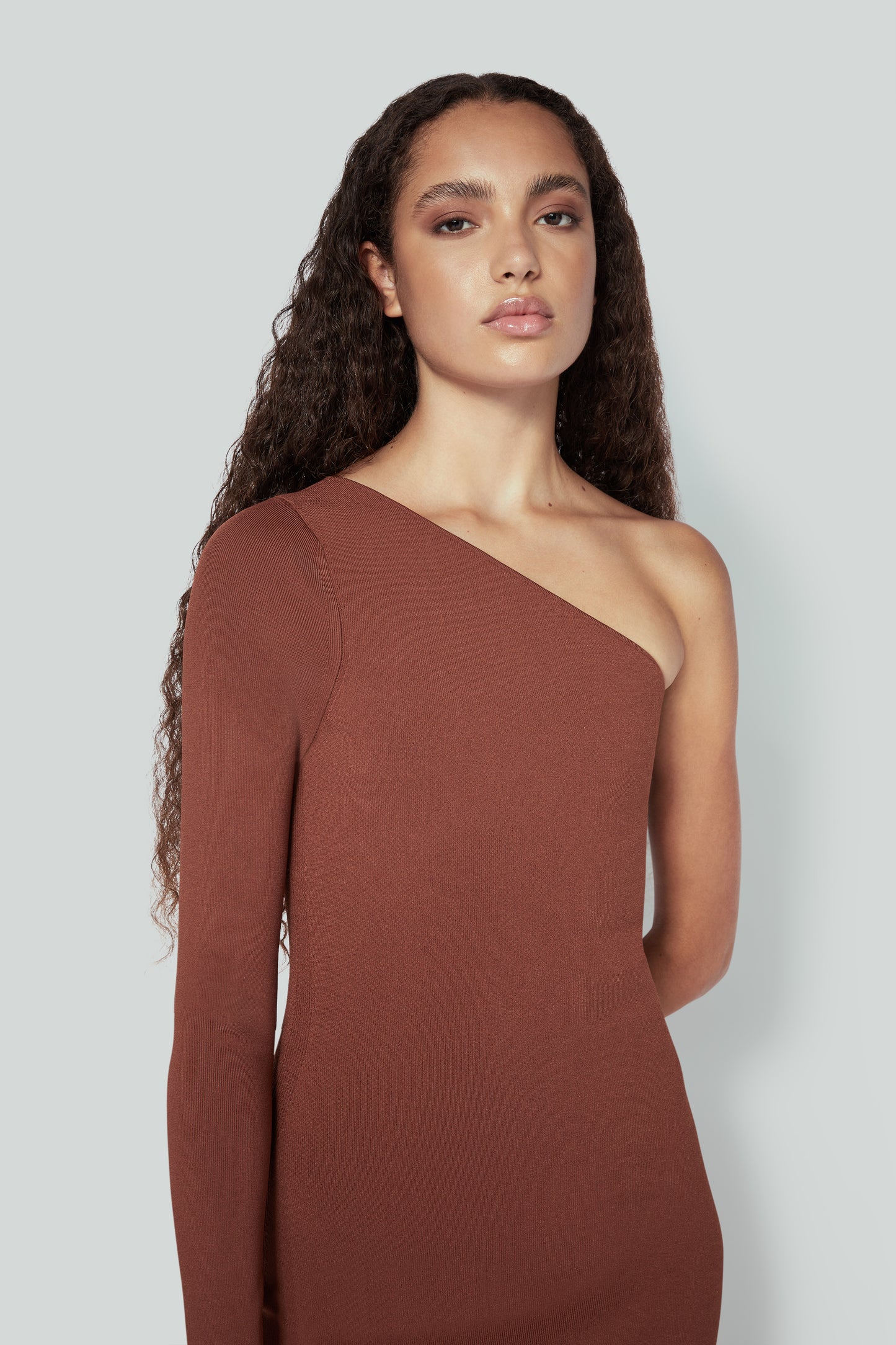 VB Body One Shoulder Midi Dress in Brown