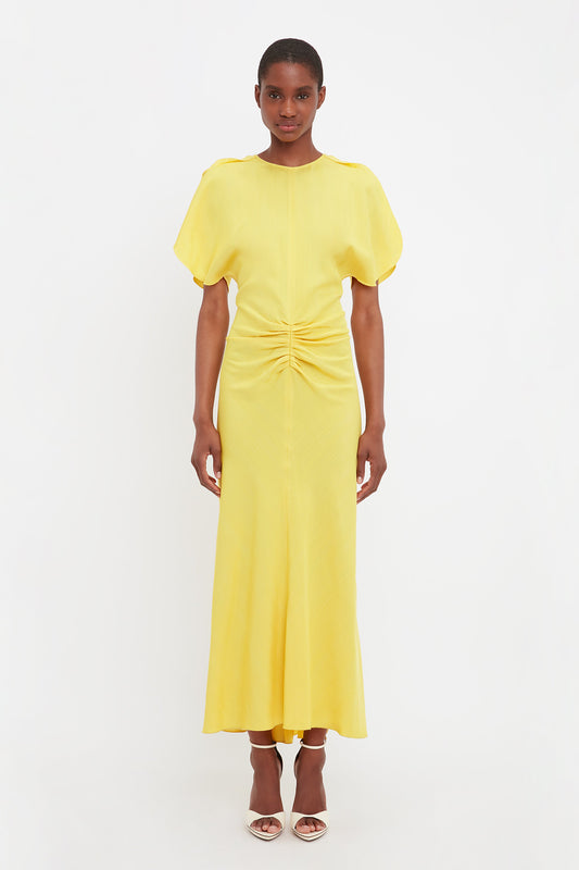 Gathered Waist Midi Dress In Sunflower
