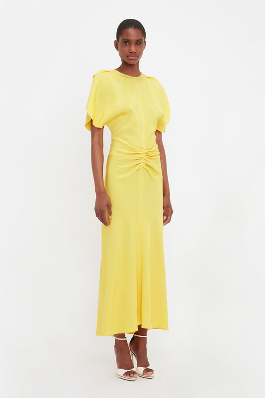 Gathered Waist Midi Dress In Sunflower