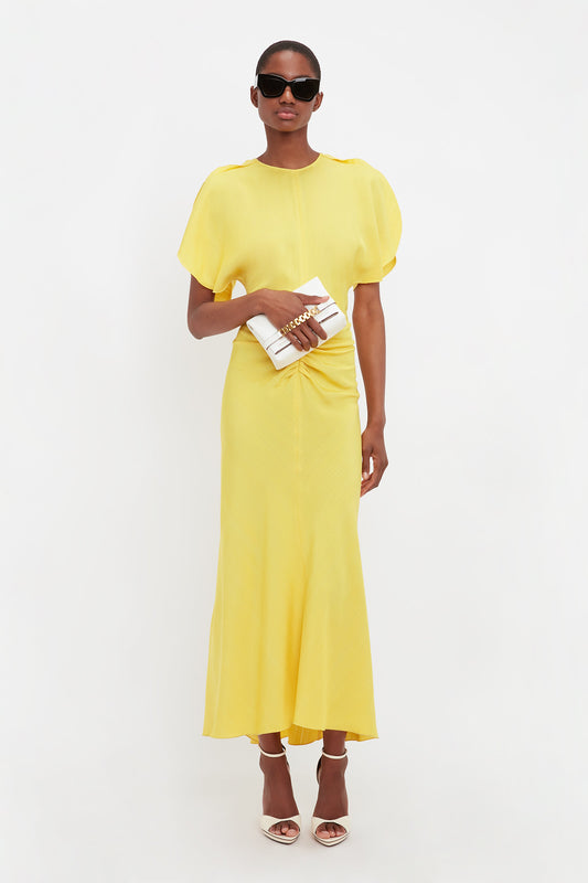 Gathered Waist Midi Dress In Sunflower
