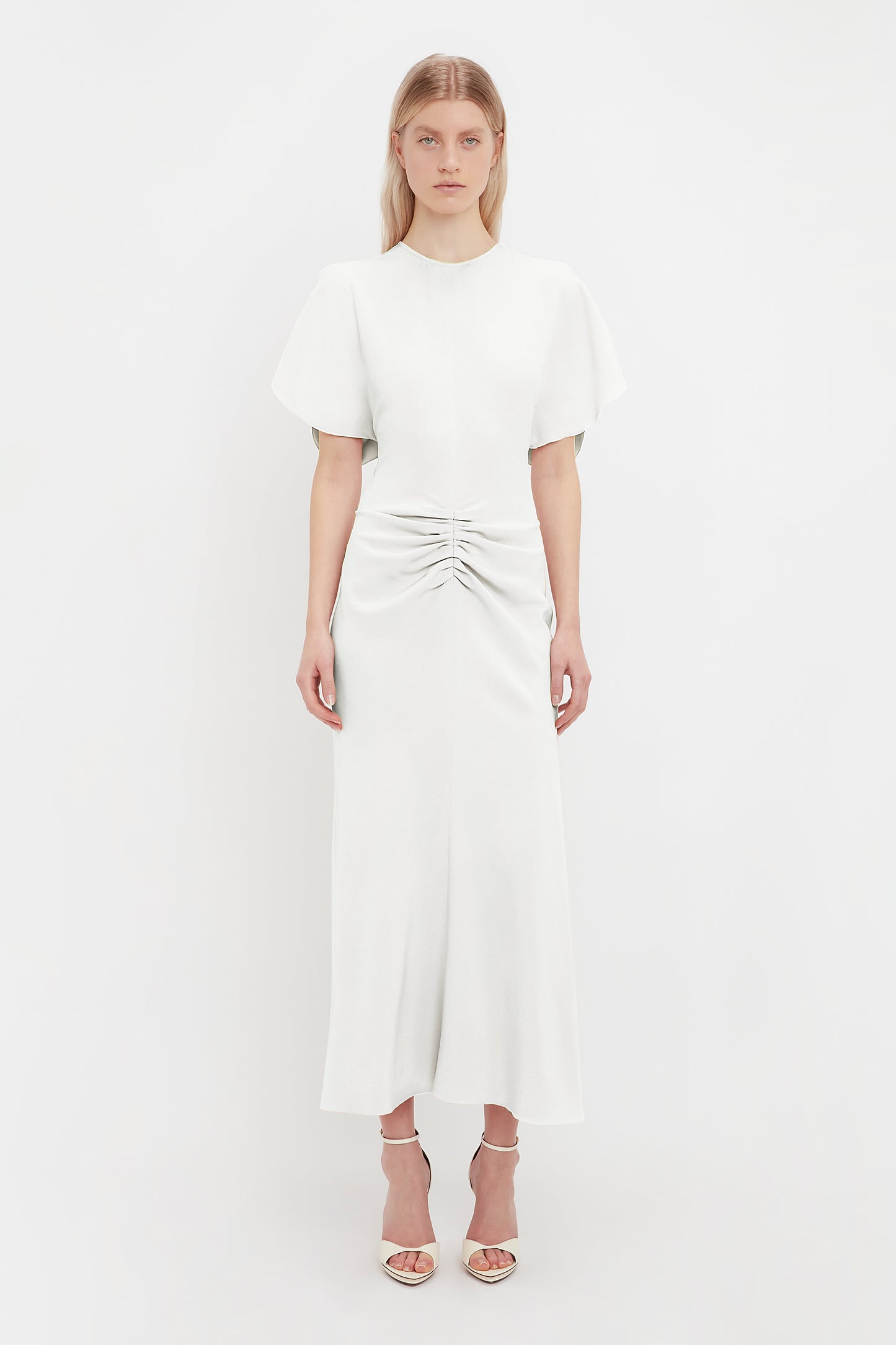 Gathered Waist Midi Dress In Ivory