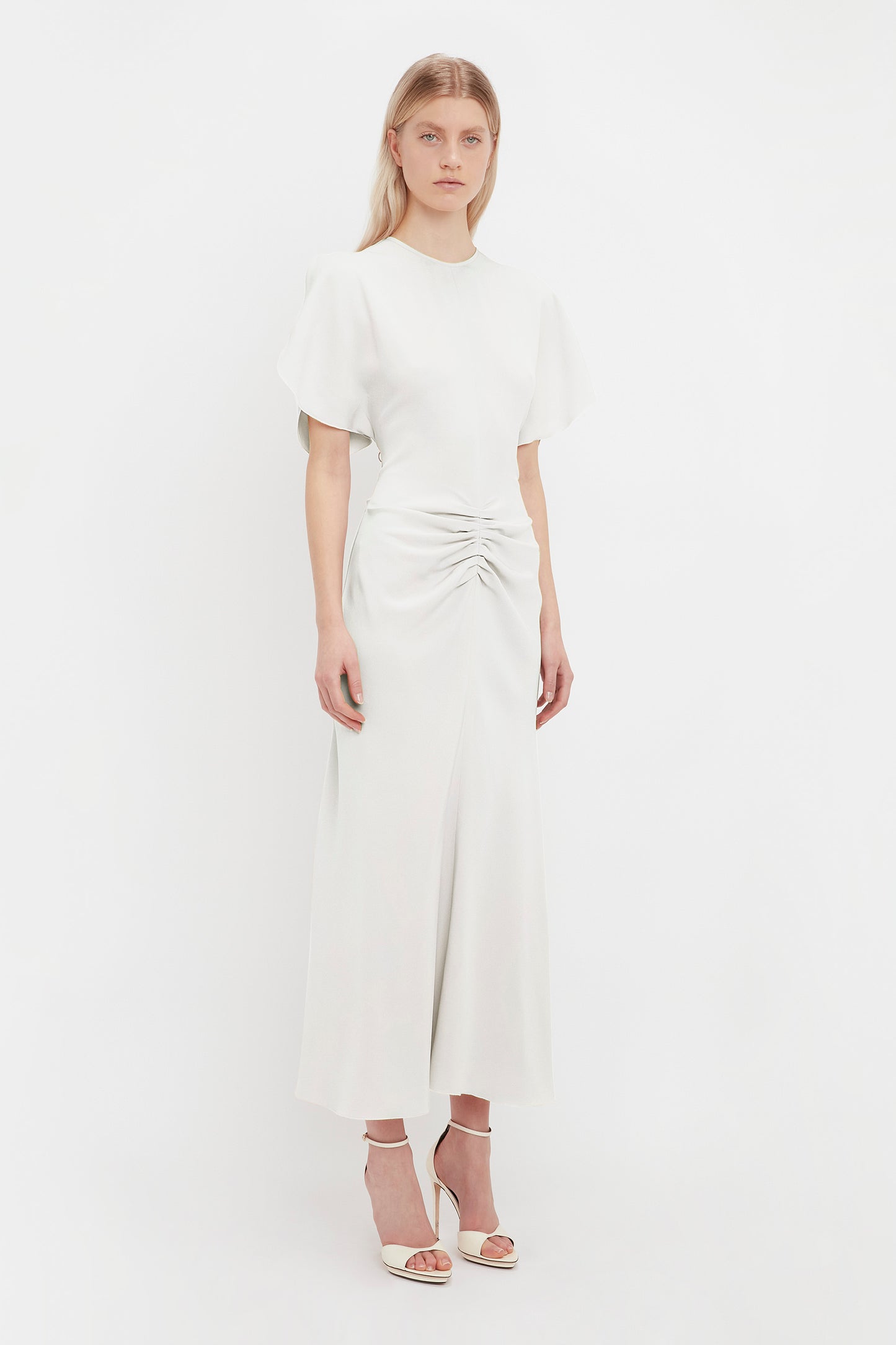 Gathered Waist Midi Dress In Ivory