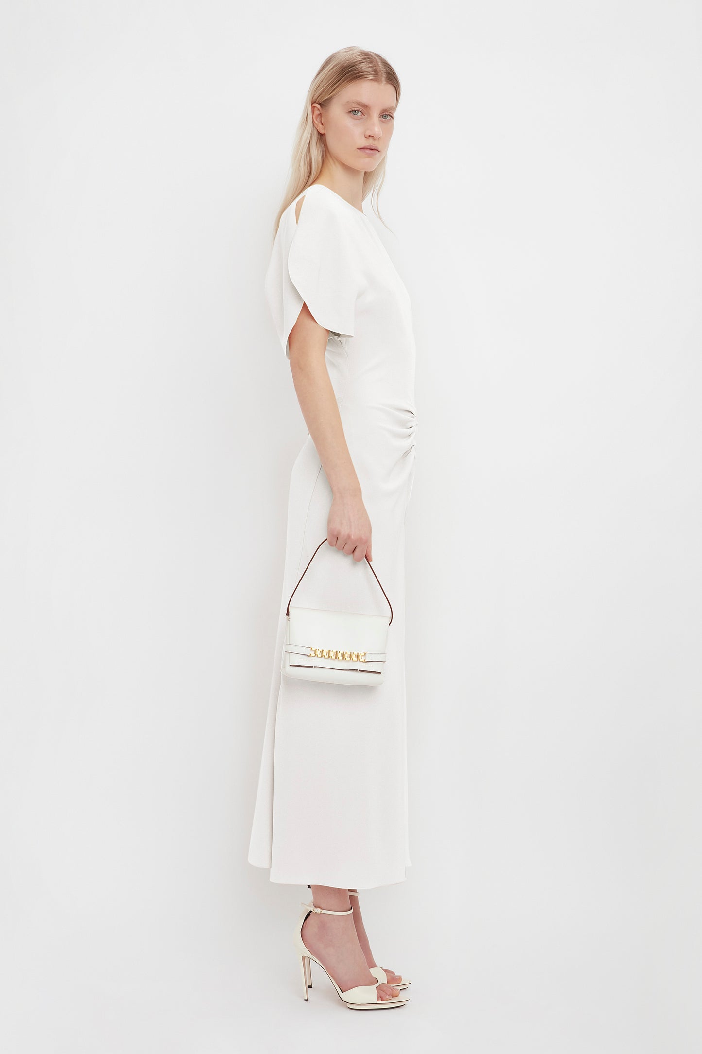 Gathered Waist Midi Dress In Ivory