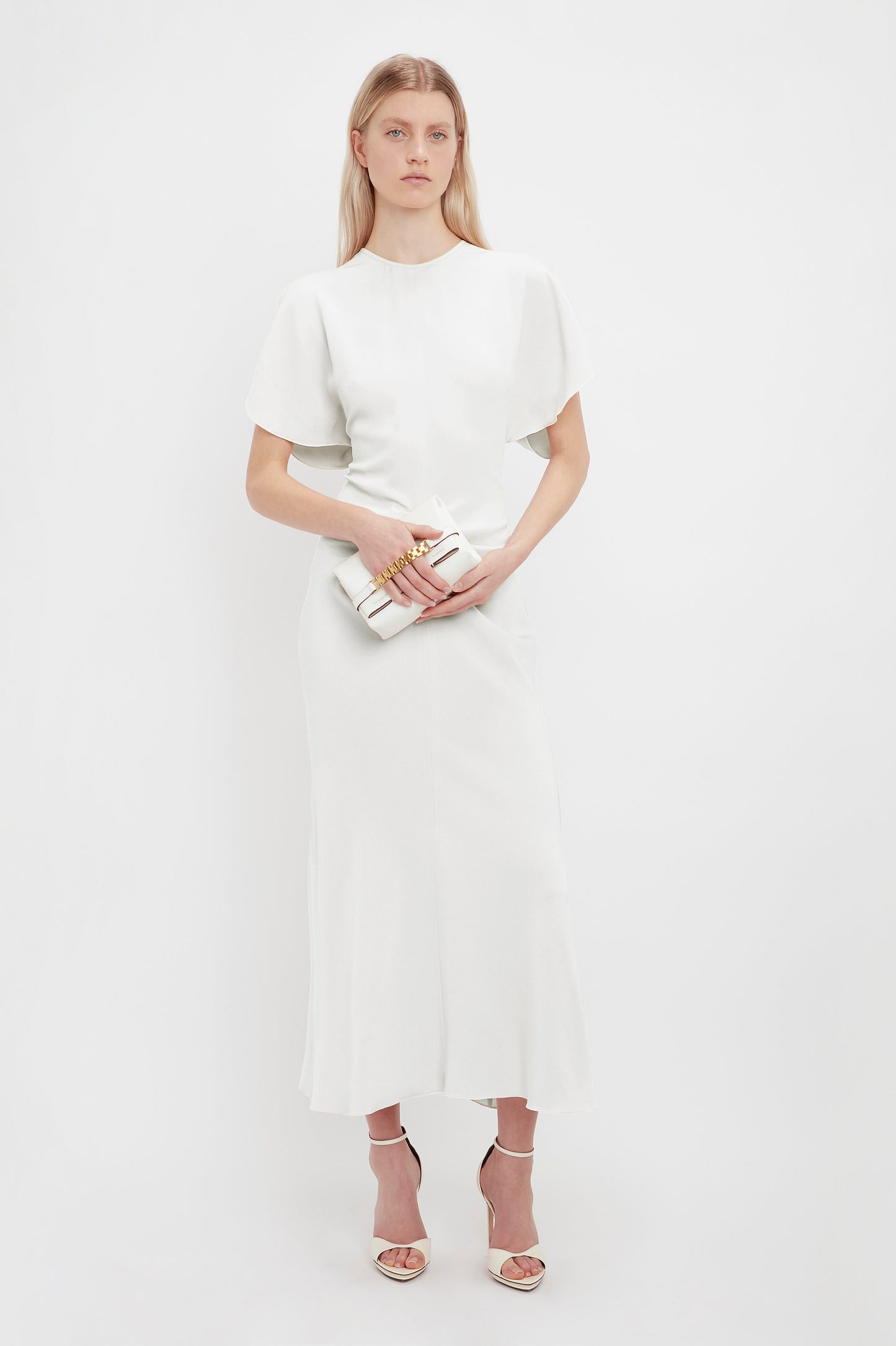 Gathered Waist Midi Dress In Ivory