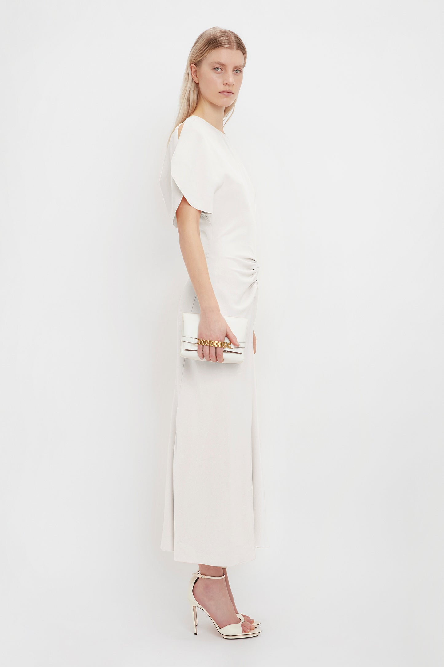 Gathered Waist Midi Dress In Ivory