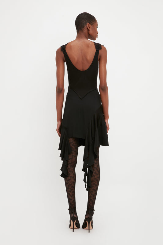 Lace Detail Ruffle Mini Dress In Black