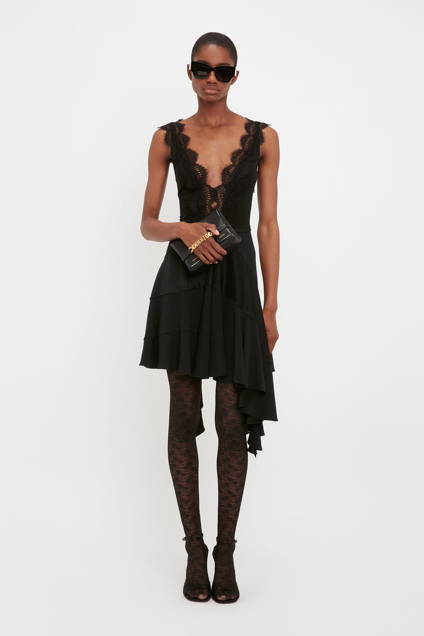 Lace Detail Ruffle Mini Dress In Black