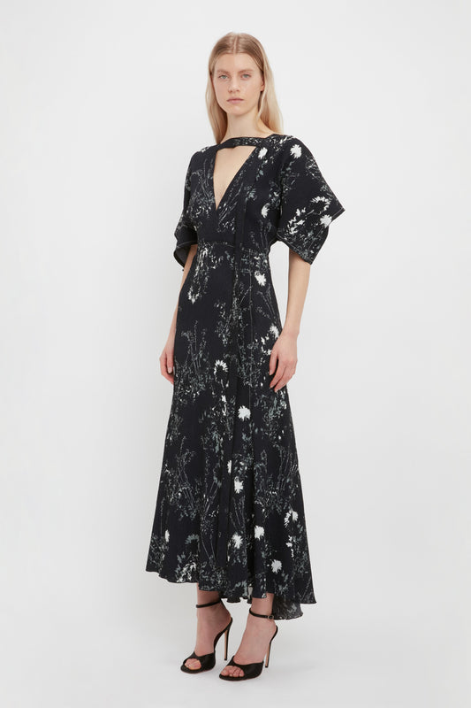 Kimono Sleeve Printed Dress In Black