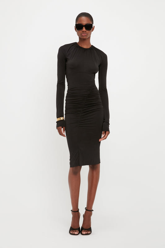 Long Sleeve Fitted Dress In Black