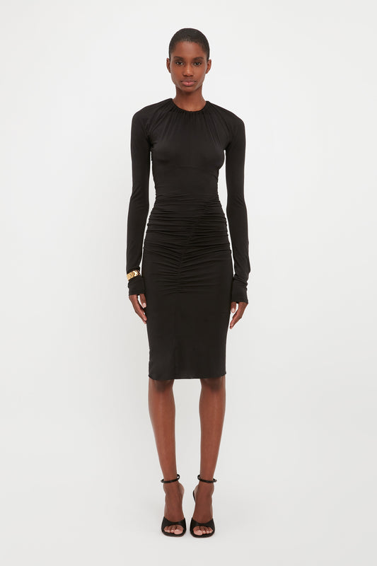 Long Sleeve Fitted Dress In Black