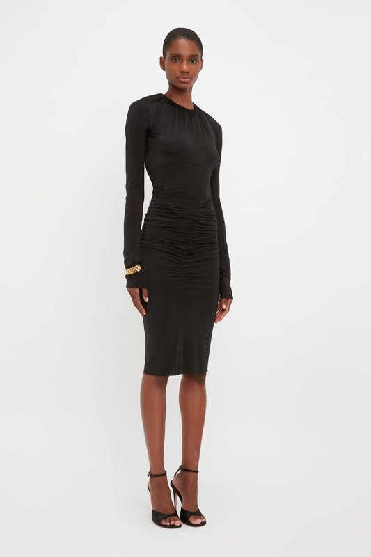 Long Sleeve Fitted Dress In Black