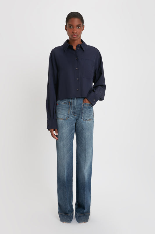 Cropped Patch Pocket Shirt In Ink Blue