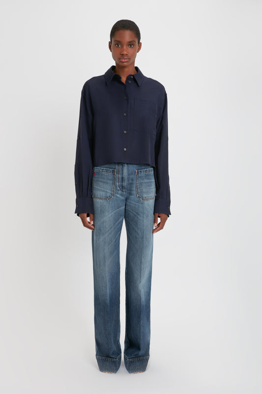 Cropped Patch Pocket Shirt In Ink Blue