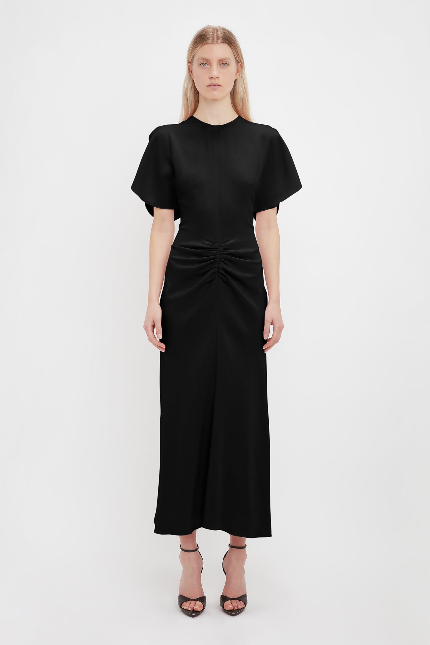 Gathered Waist Midi Dress In Black