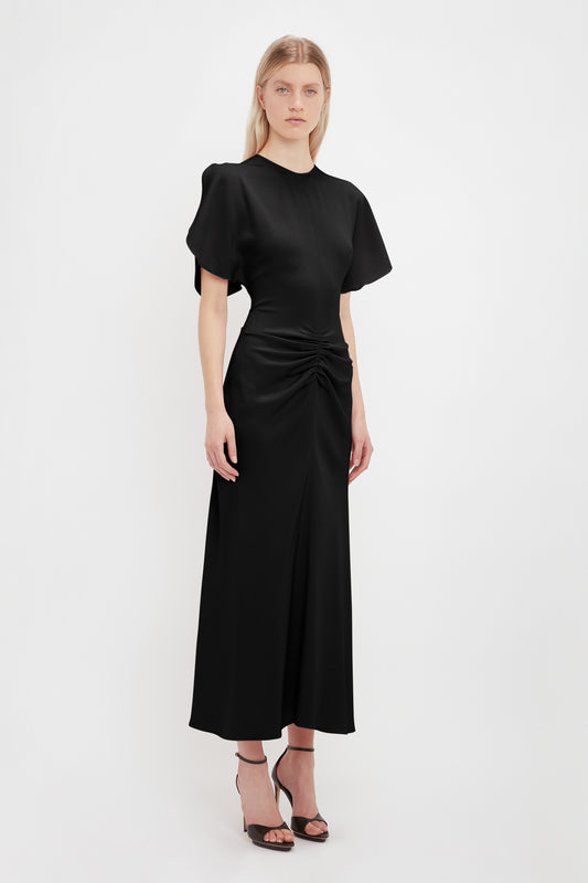 Gathered Waist Midi Dress In Black