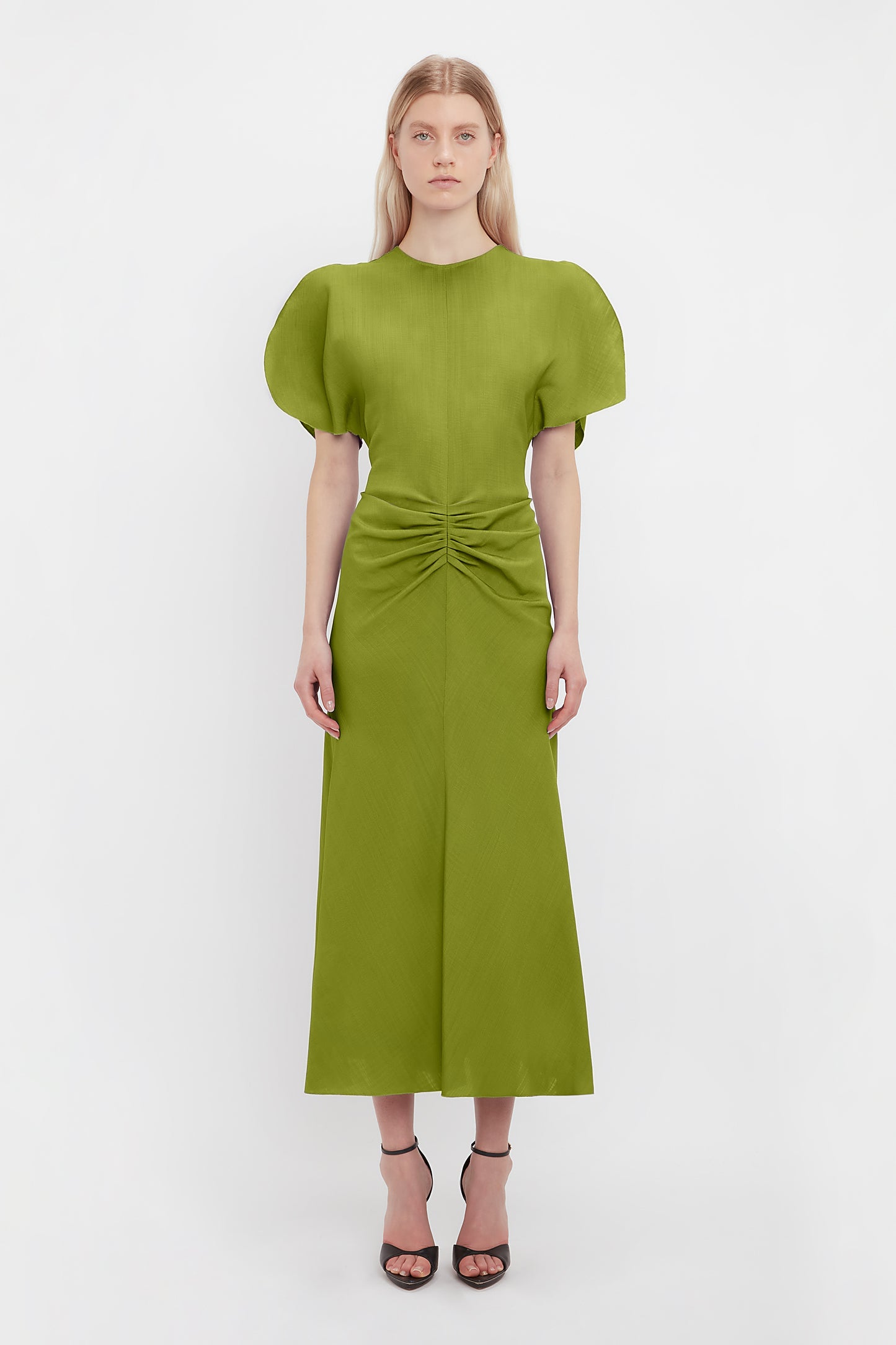 Gathered Waist Midi Dress In Parrot Green | Victoria Beckham