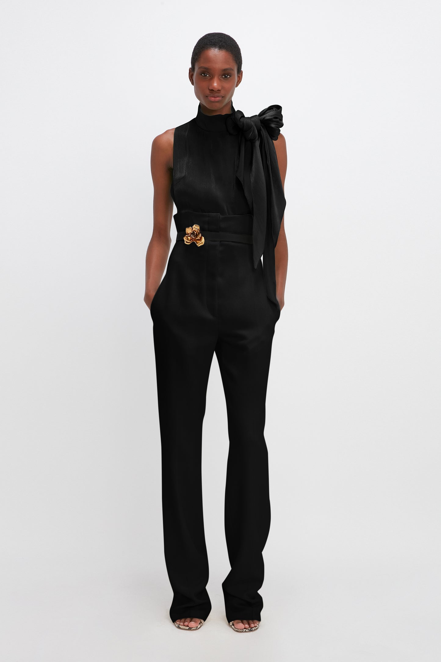 Black jumpsuit with gold belt cheap