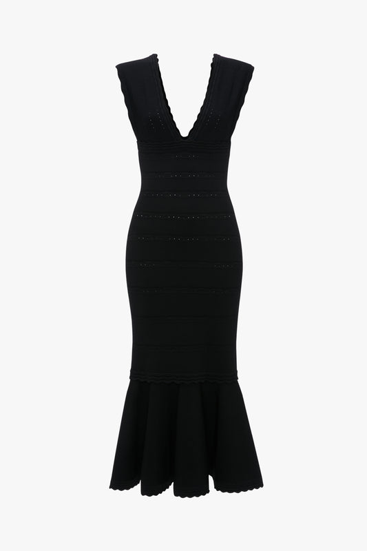 Stretch Knit Sleeveless Flared Dress In Black