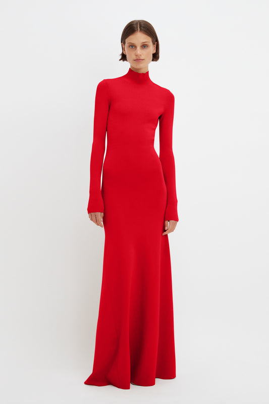Polo Neck Knitted Gown In Red