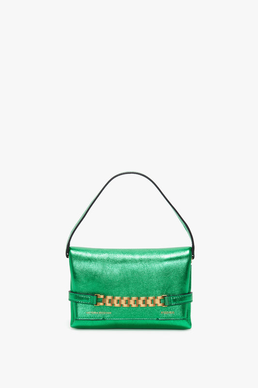 Mini Chain Pouch In Metallic Green Leather