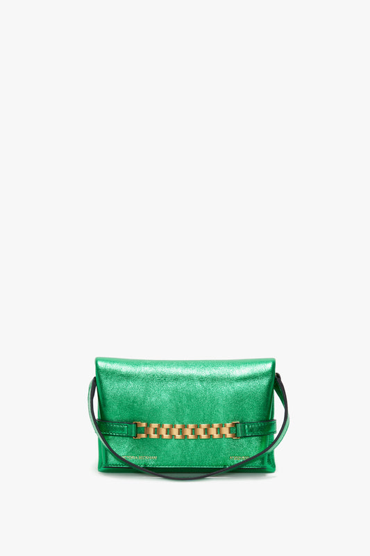 Mini Chain Pouch In Metallic Green Leather