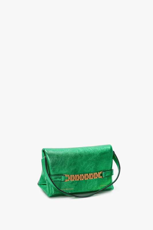 Mini Chain Pouch In Metallic Green Leather